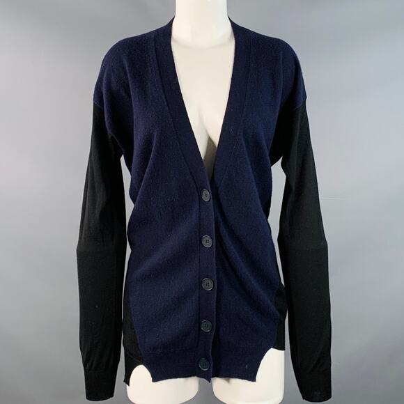 Stella McCartney Sweaters - STELLA McCARTNEY Size 8 Navy Black Virgin Wool Two Tone V-Neck Cardigan